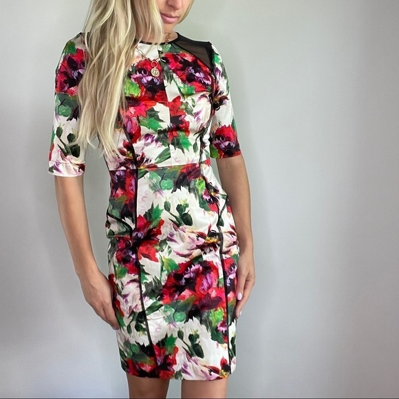Milly New York Floral Sheath Dress with Mesh Inset & Piping - Picture 8 of 16